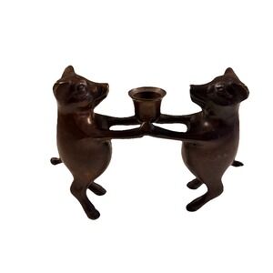 Vintage Brass / Bronze Figural Pigs Double Candle Holder